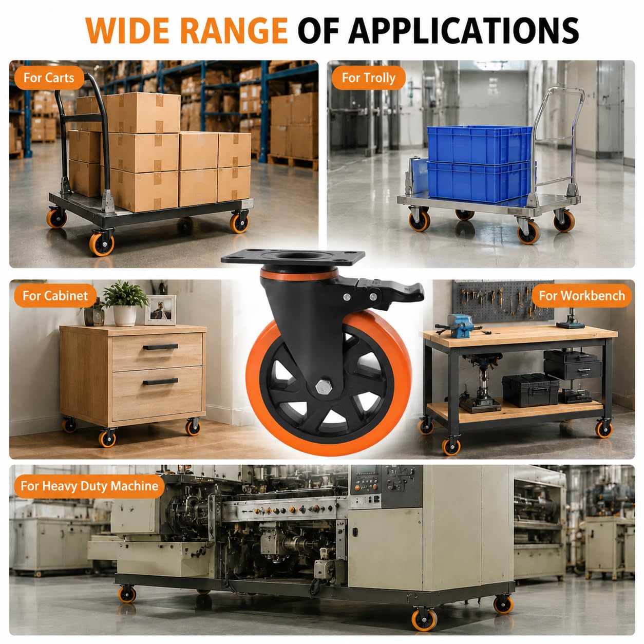 15,2 cm Lenkrollen, 1360,8 kg, robuste Rollen 4er-Set mit Bremse, Sicherheits-Doppelplattenverriegelung, industrielle Rollen, leise Räder für Wagen mit PU-Schaumstoff (zwei Hardware-Kits enthalten)