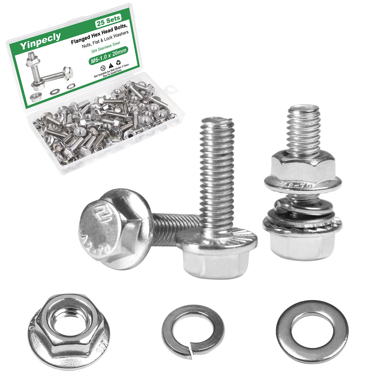 Yinpecly 25 Sets M6-1.0 x 20mm Flanged Hex Head Bolts Kits, M6 Flange Hexagon Screws and Nuts,Flat & Spring Lock Washers,18-8 (304) Stainless Steel,Metric Bolt Assortment, Fully Threaded