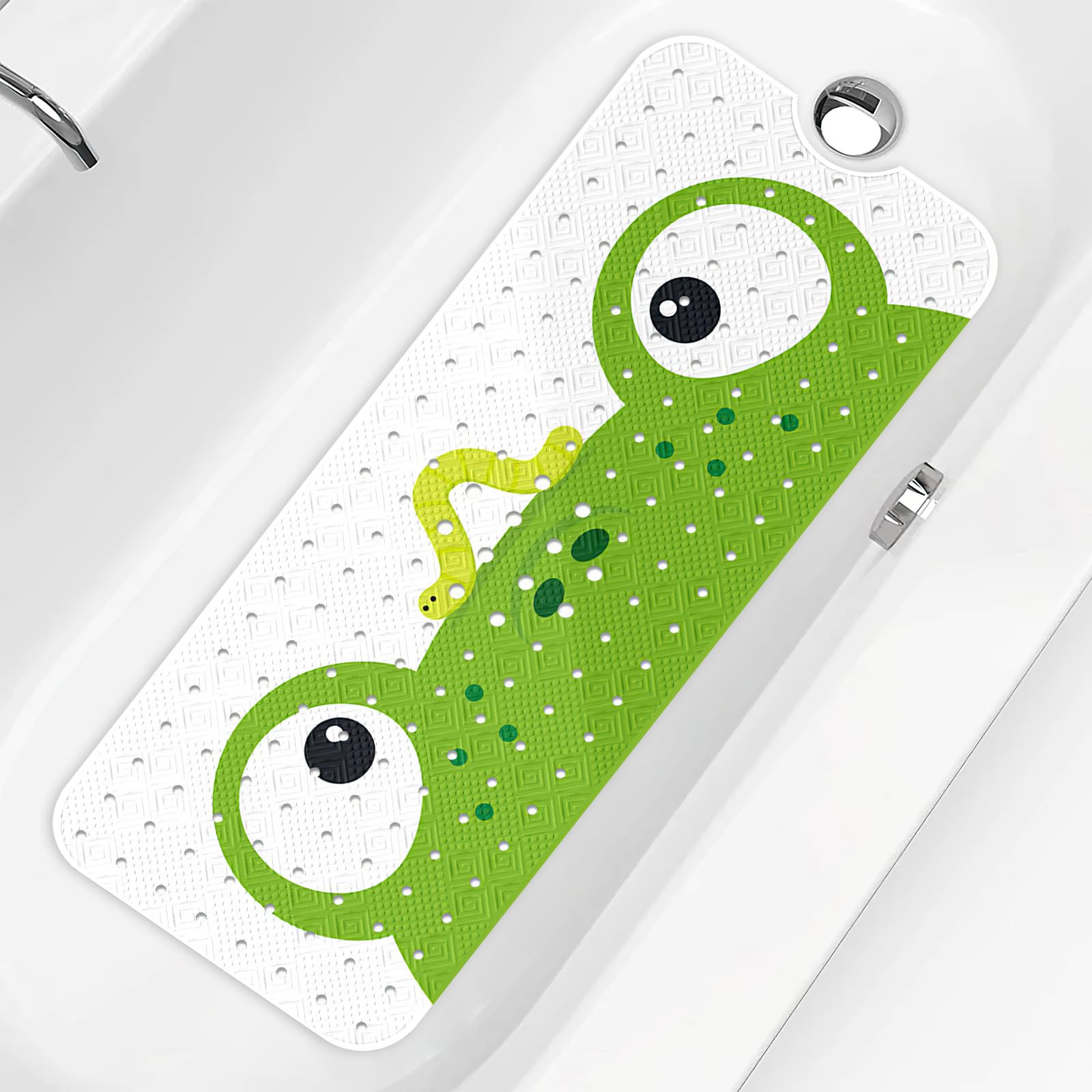 PRATIQUE Kids Bath Mat for Tub Non Slip，40 X 16 Inch Extra Long Kids Bathtub Mat Frog Bathtub Shower Mat Safety Anti Slip with Suction Cups and Drain Holes, Machine Washable