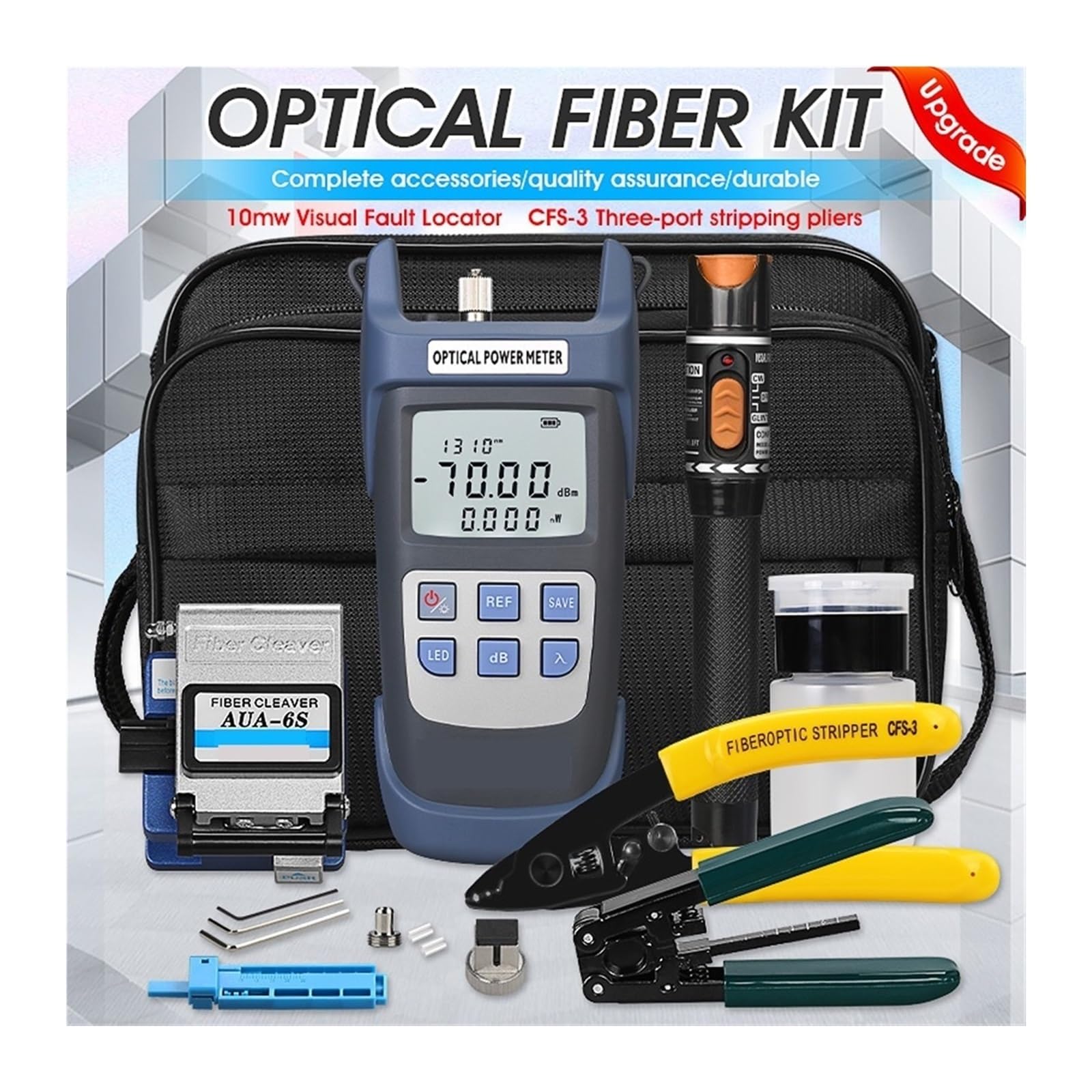 CUDTAPI Optical Fiber Cleaver, 19pcs/set FTTH Fiber Optic Tool Kit With AUA-6S Cleaver -70~+10dBm/-50+26dBm Optical Power Meter 10mw Visual Fault Locator(-70 to 10dBm)