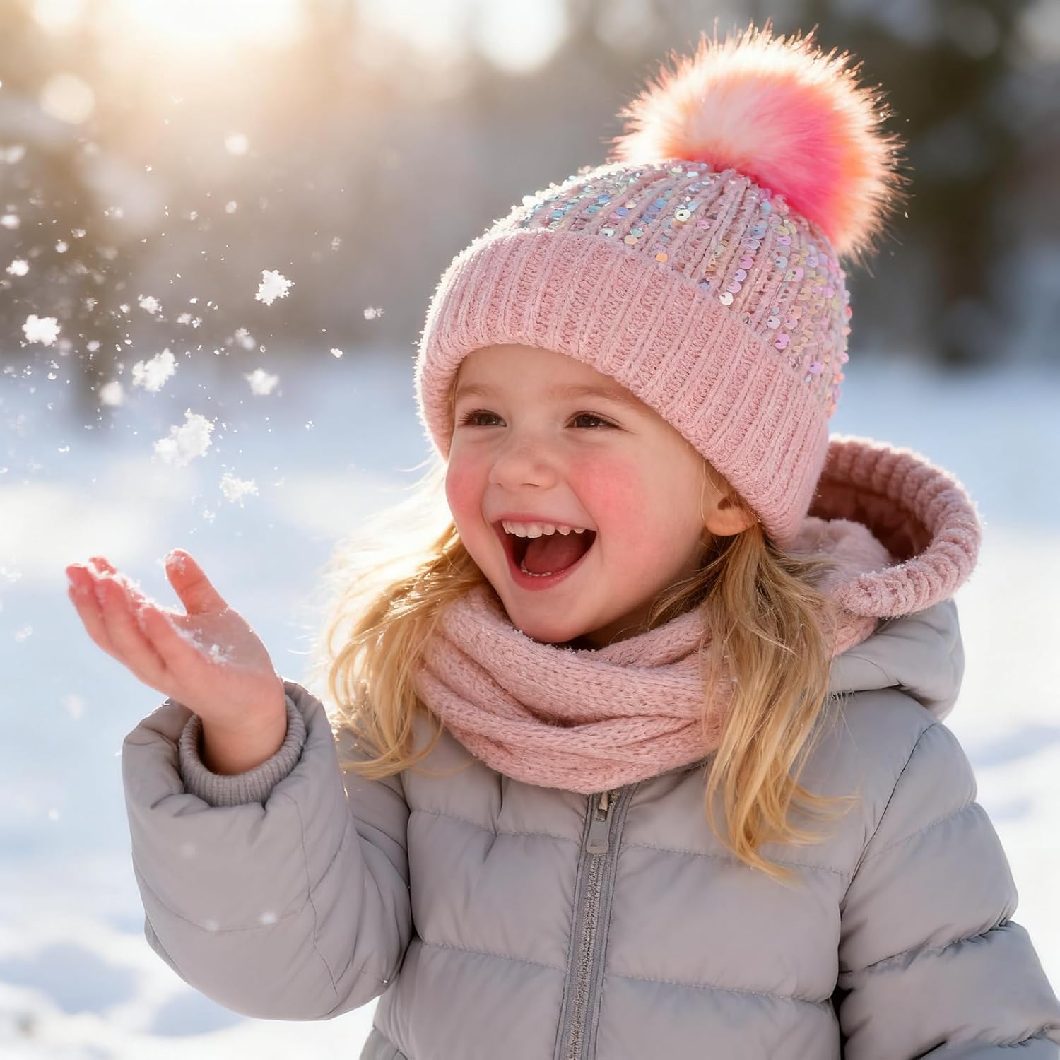 Kids Winter Knit Hat with Pompom - Sparkly Sequin & Pearl Rhinestone Beanie, Warm Ski Cap for Boys & Girls Ages 3-14 - Image 2