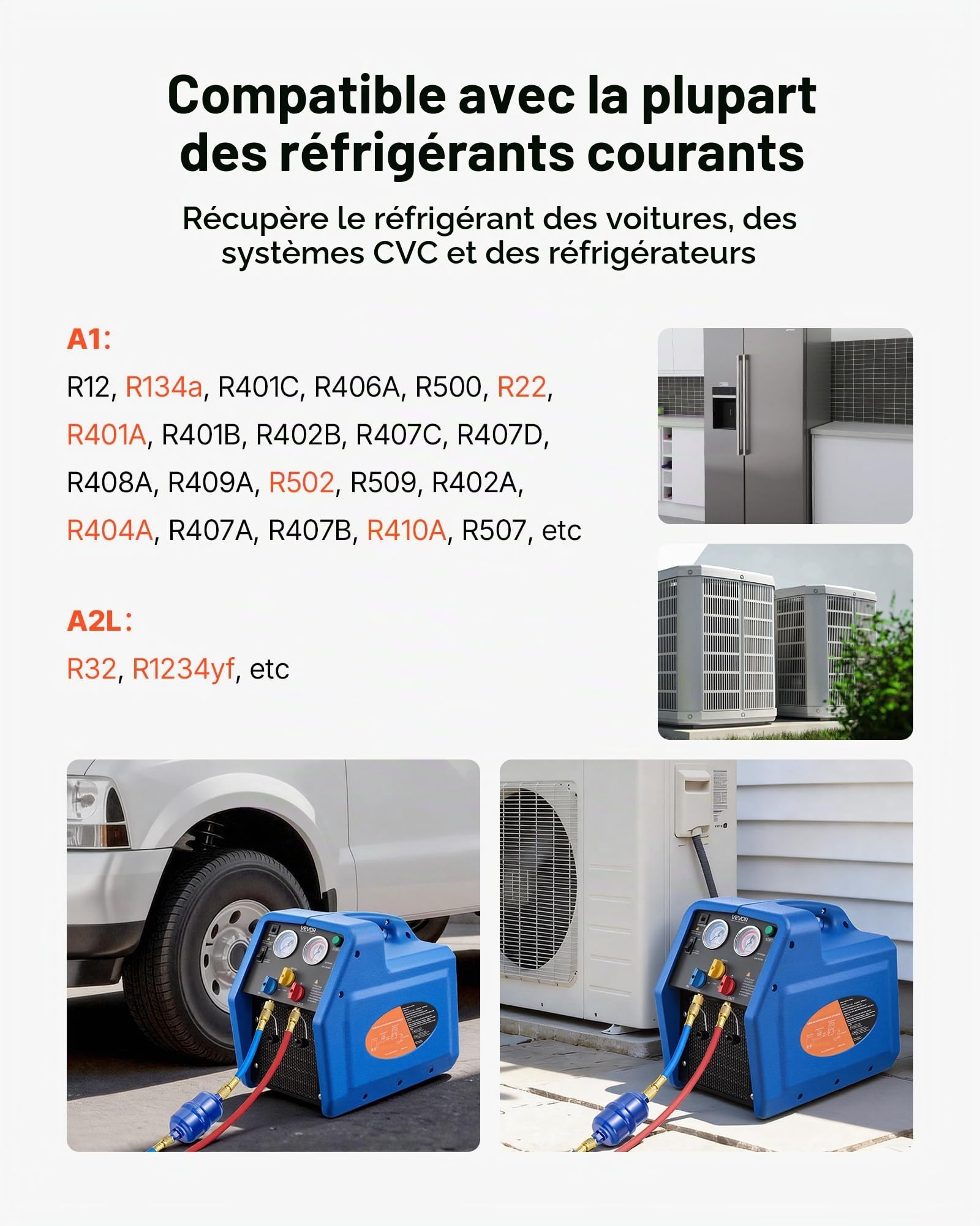 VEVOR Station de Récupération Fluides Frigorigènes Portable 3/4 HP, Récupérateur de Réfrigérant Monocylindre, pour CVC Résidentiel Climatisation Auto, Unité de Récupération pour Frigoriste 1450 tr/min
