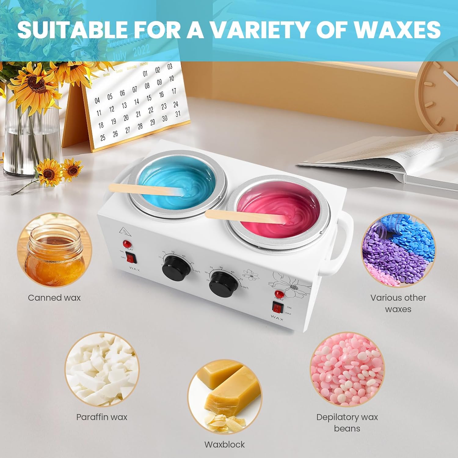1.2L Double Pot Wax Warmer, Electric Depilatory Heater Machine with Adjustable Temperature for Hair Removal & Facial Spa, Includes 40 Wax Sticks & 20 Collars - Image 2