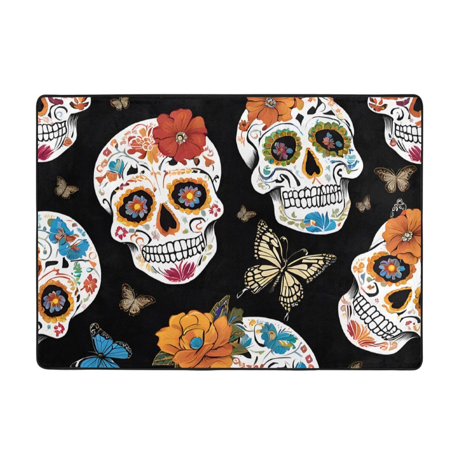 Sugar Skulls Print Living Room Anti Slip and Absorbent Carpet, Indoor Bedroom Bed Floor Mat, Ultra Soft Washable Carpet 80x58 in