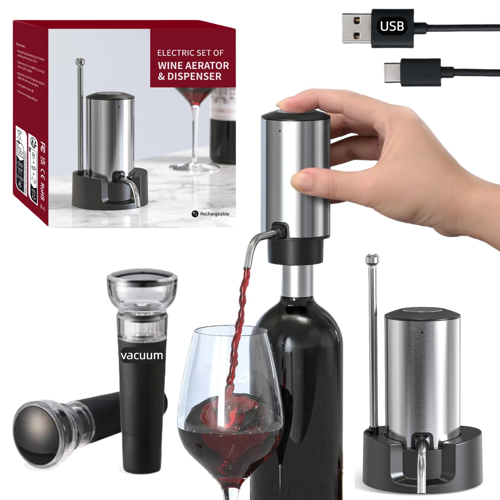 Aérateur et distributeur de vin électrique rechargeable, avec 2 bouchons à vin, base de charge, acier inoxydable, bec verseur USB