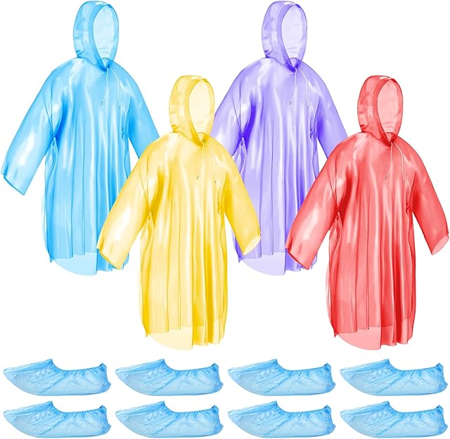 Yafe Disposable Rain Ponchos Adult, 4 Pack Waterproof Poncho with Drawstring Hood and 4 Pairs Shoe Covers Reusable Lightweight Emergency Raincoat for Festivals, Concerts, Camping,Theme Parks