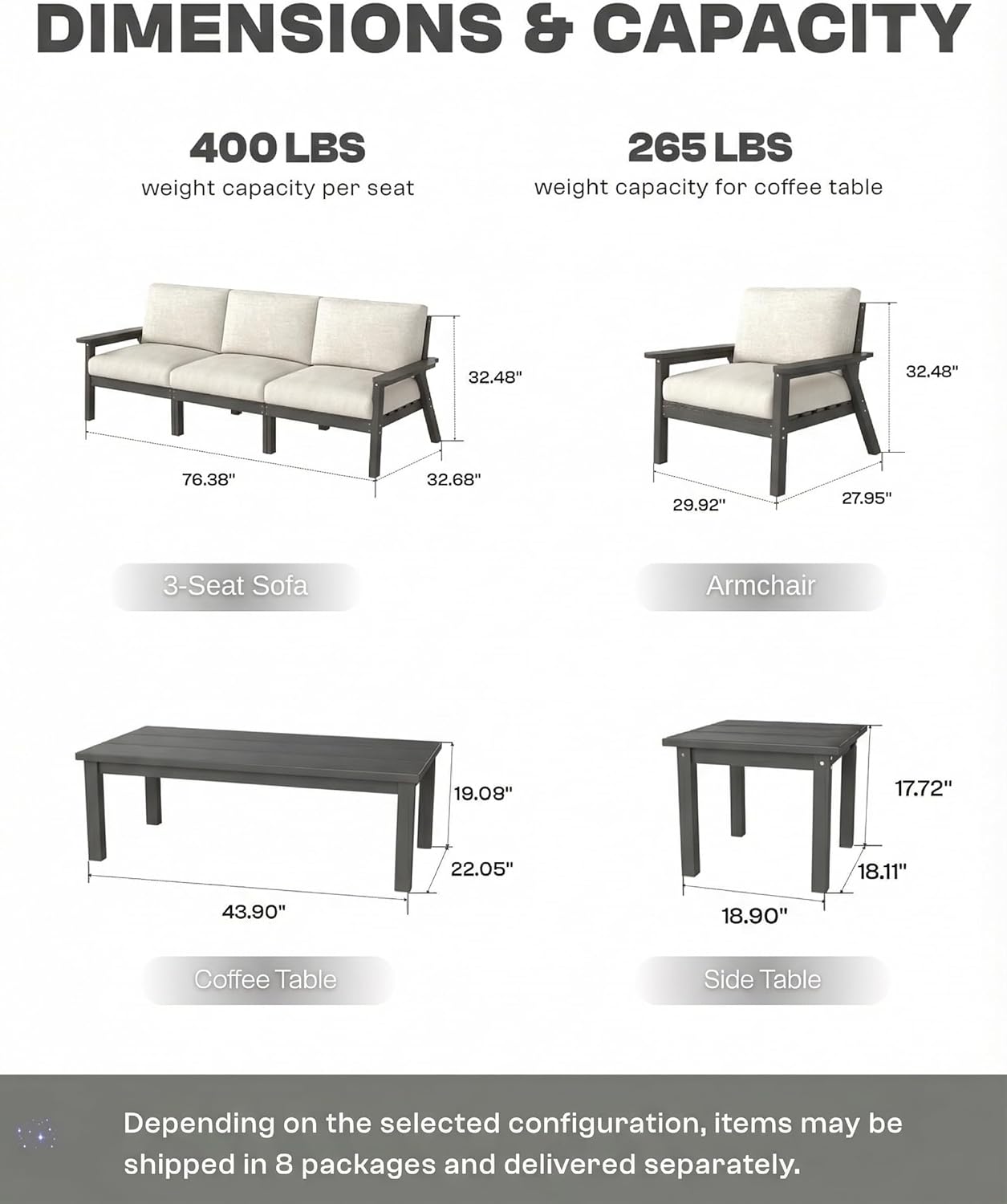 HDPE Patio Furniture Set with Cantilever Umbrella, Outdoor Couch with Washable Thick Beige Cushions & Tables, Outdoor Sectional Furniture for Deck, Lawn, Porch (Gray Frame)