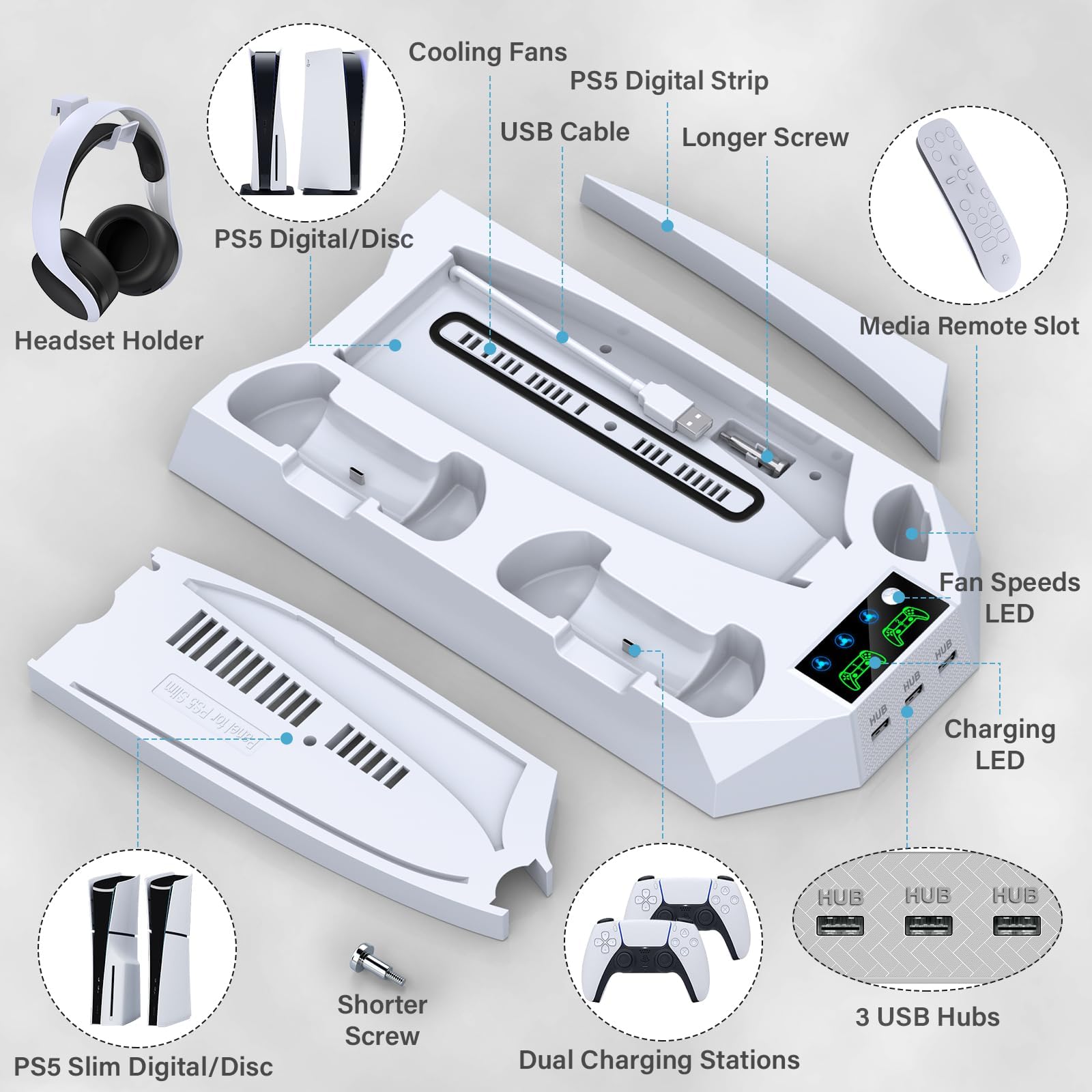 PS5 Support fin et station de refroidissement avec contrôleur pour Playsation 5 Slim&Standard Disc/Console numérique, accessoires PS5 avec chargeur/ventilateur turbo/3 concentrateurs USB/support pour