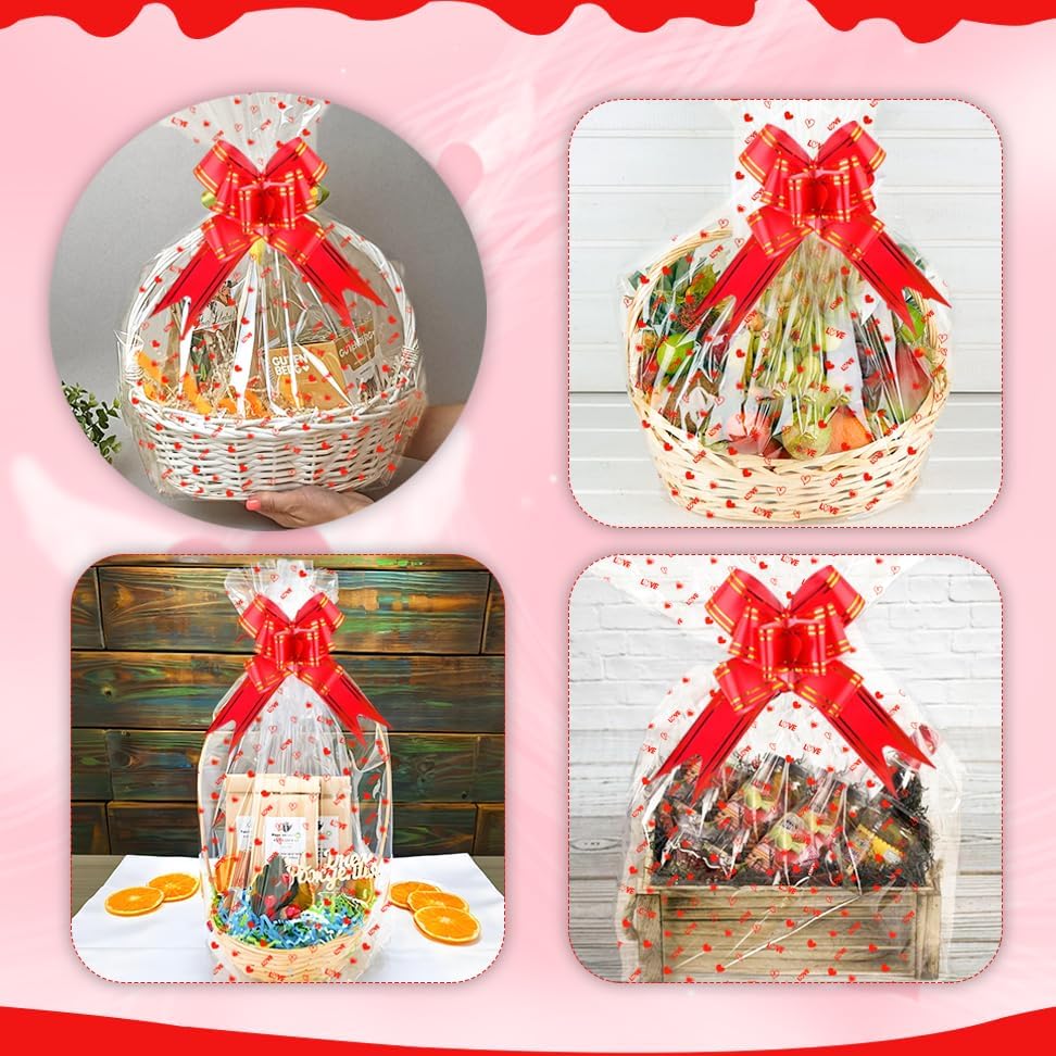 Valentines Gift Bags for Basket, 20x28 Inch Large Clear Basket Bags, 15 PCS Valentine's Day Cellophane Wrap with 15 PCS Pull Bows, Plastic Cellophane Bags for Valentine Baskets Holidays Gift Wrapping - Image 7