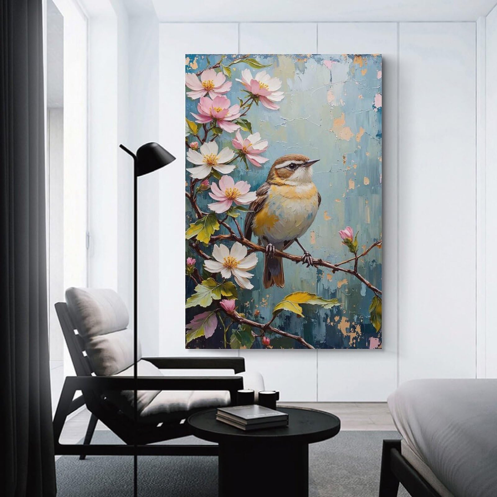 Junmoney Bird on Branch with Blossoms Painting Room Decor Wall Art, 24x36inch(60x90cm), for Feature Walls in Flats Or Modern Rooms, Wall Decor Suited to Curated Displays