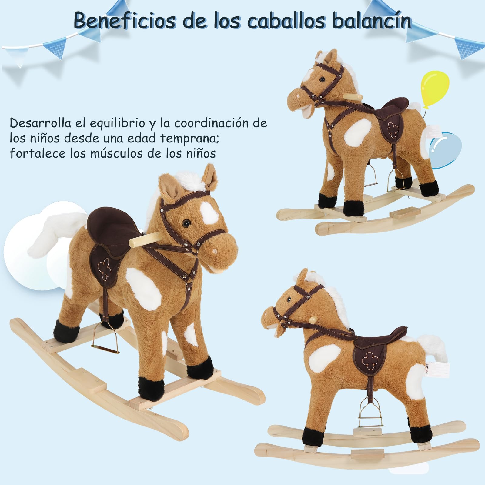 WOLTU Caballito Balancín para Bebés y Niños de 1-3 Años, Caballo de Peluche con Sonidos, Cola y Boca Móviles, con Asas y Pedales, 74x34x65 cm
