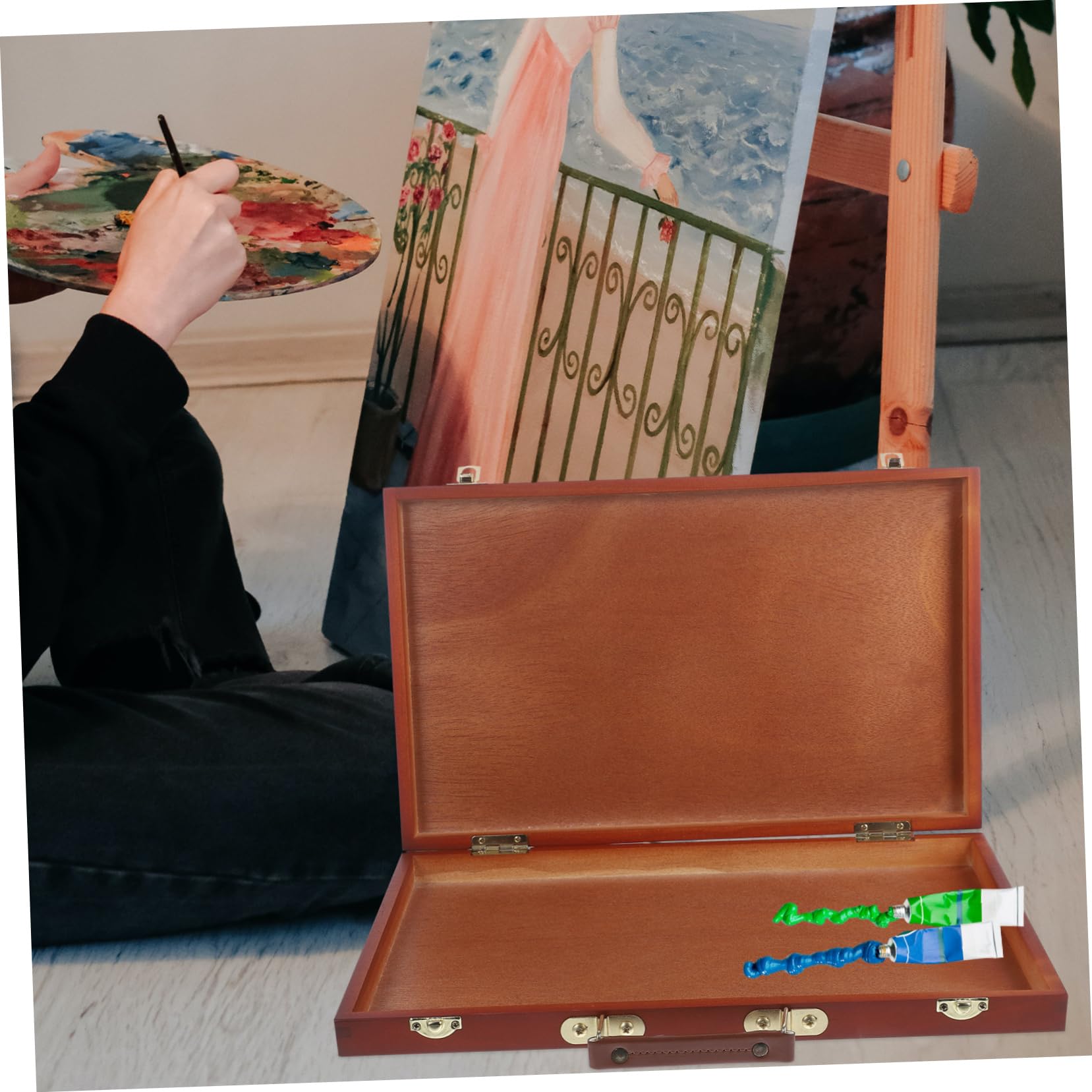 Boîte à Peinture en Bois Style Européen Poignée, Rangement Pratique pour Pinceaux et Pigments, pour Artistes en Extérieur Bureau