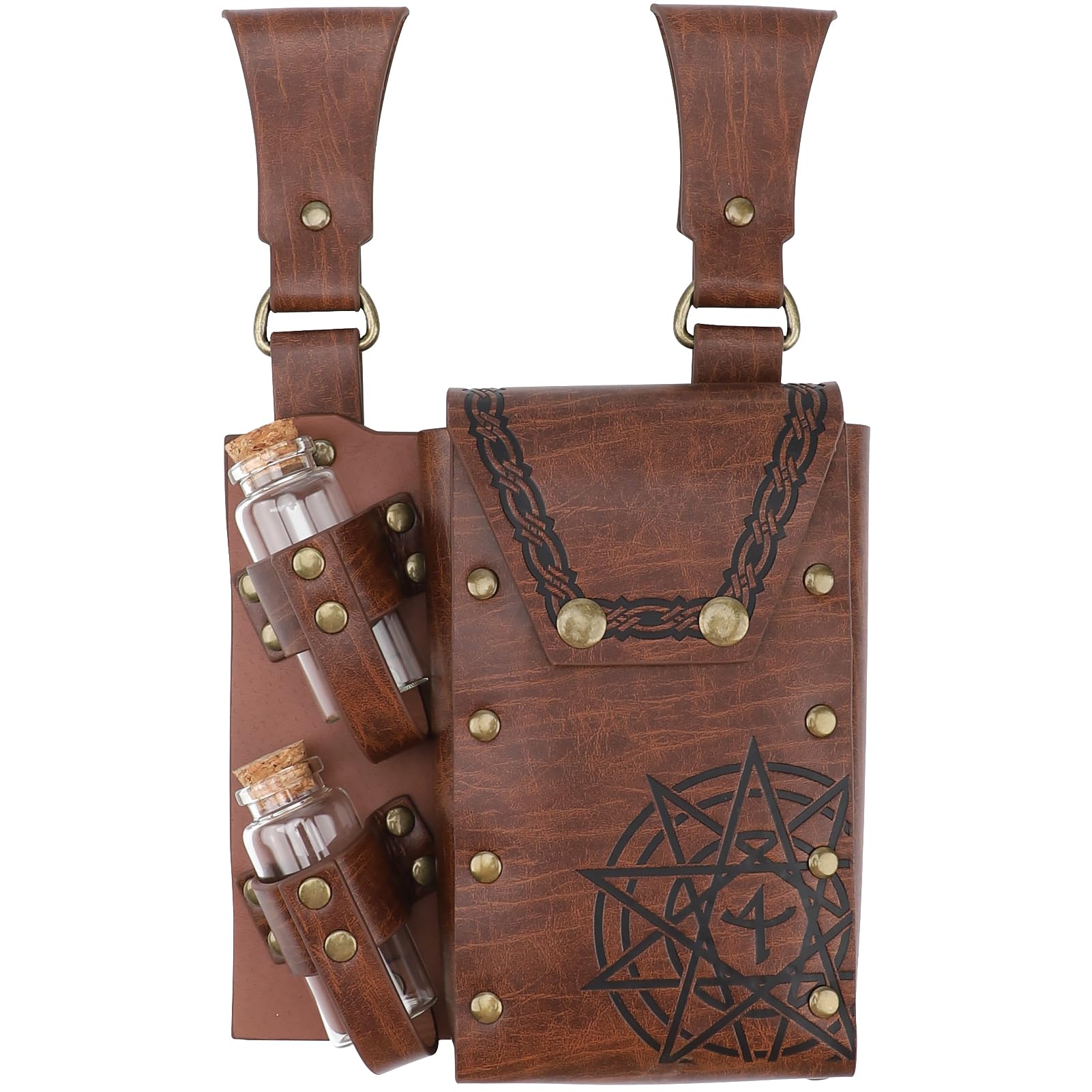 KIUGCOMedieval Alchemy Faux Leather Belt Bag with 4 Cork Potion Vials (Medieval Belt Bag-B, Light brown)