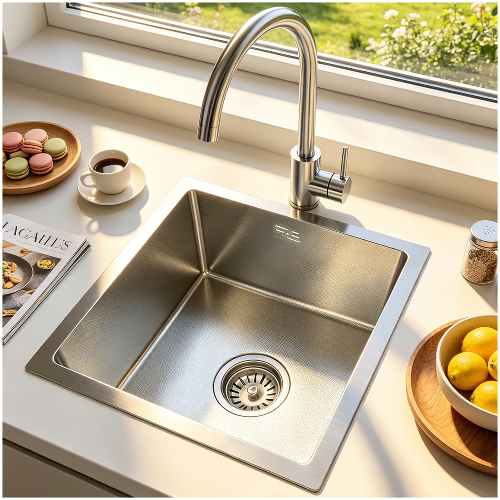 OMGMTSTORE 38 x 38 cm Kitchen Sink, Scratch-Resistant Surface, Stainless Steel, Kitchen Sink with Drain Fitting, Includes Kitchen Tap, Dish Drainer Dish Drainer Overflow, Built-in Sink Sink 1 Bowl — image 1