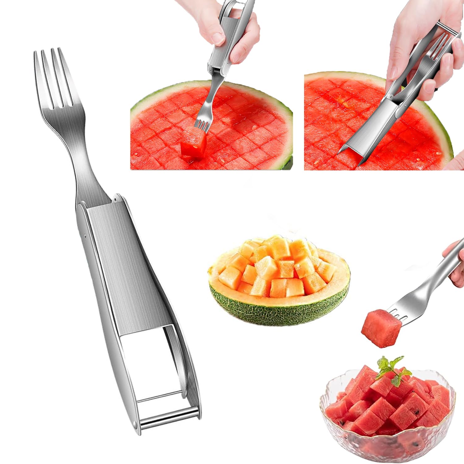 [BRSRGFQKBV5GAAA2] Watermelon Cutter, 2-in-1 Stainless Steel Fruit Cutter, Dual Head Watermelon Fork Slicer Tool, Summer Fruit Cutting Kitchen Gadget for Home(1PACK)