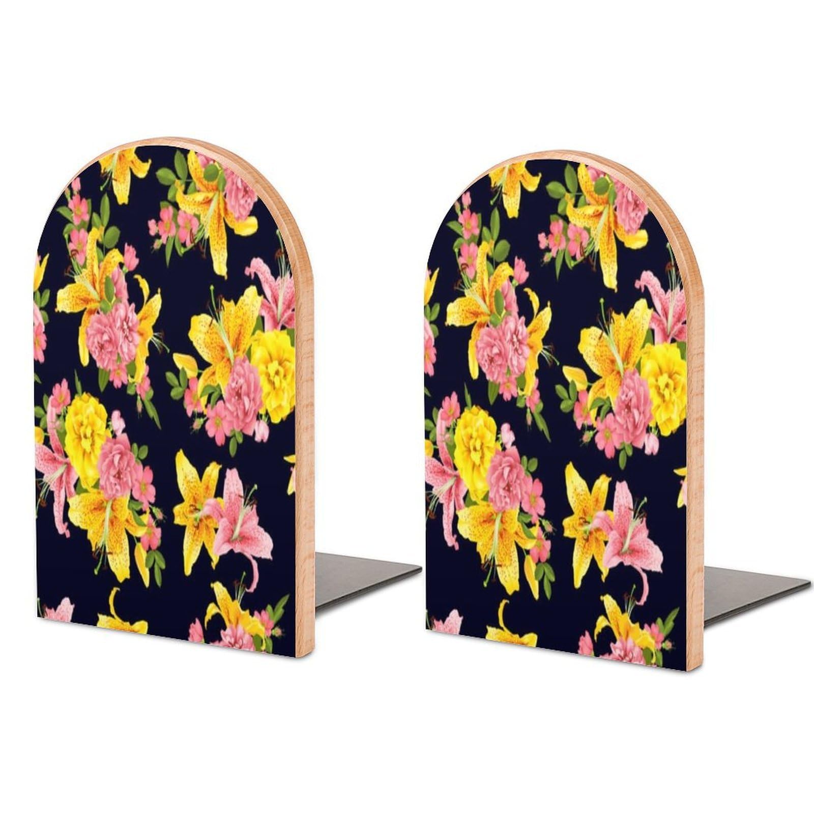 Pink Rose and Lily Seamless Pattern Vector Illustration Print Beech Wood Bookends Heavy Duty Book Organizers Desktop File Holder for Office Home Bookshelf