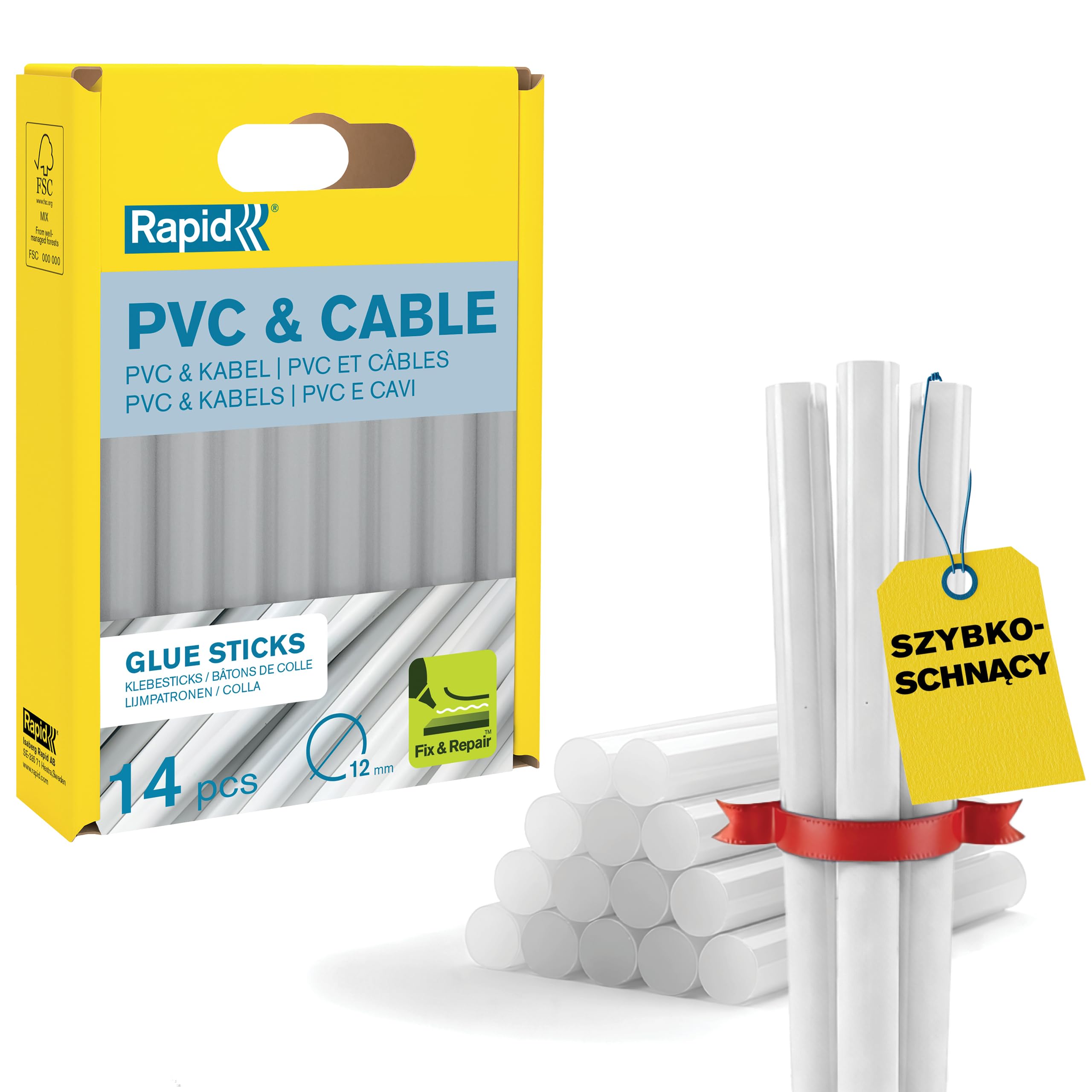 Szybkie przezroczyste patyczki do klejenia na gorąco, PCW i kabel, średnica: 12 mm, długość: 94 mm, 125 g, 40107358
