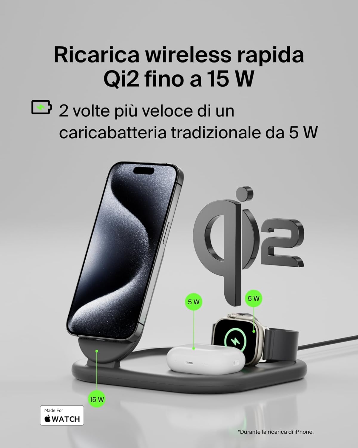 Belkin BoostCharge Caricabatteria magnetico pieghevole 3 in 1 con Qi2 da 15 W, caricatore rapido MagSafe per Apple iPhone 15, Apple Watch ed AirPods, base antiscivolo, alimentatore incluso, nero - Immagine 2