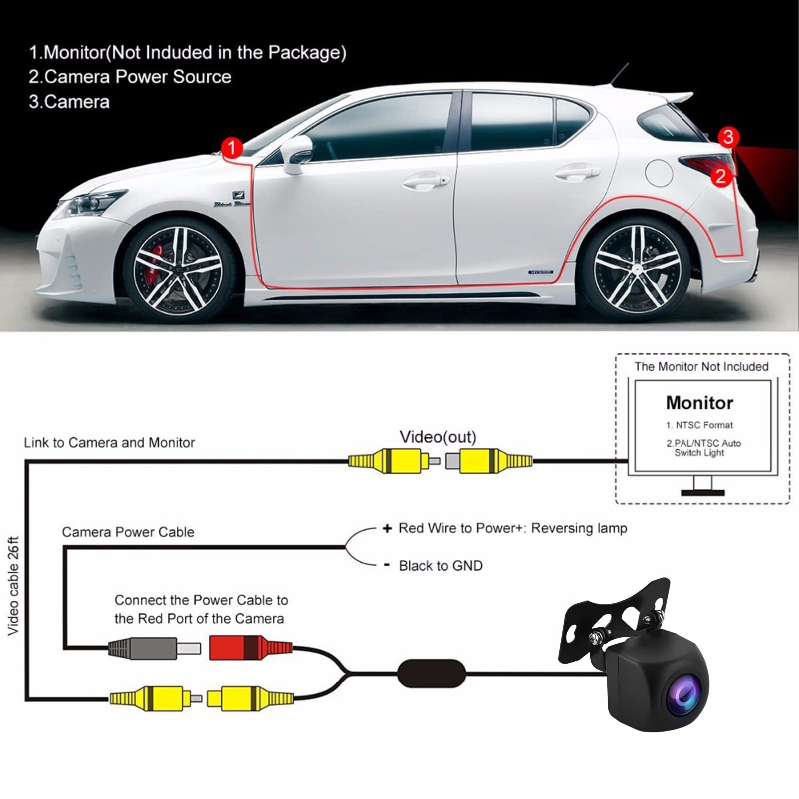 Telecamera posteriore per auto universale per auto telecamera di retromarcia con visione notturna HD 170 ° grandangolare IP68 Telecamera di retromarcia impermeabile 12V