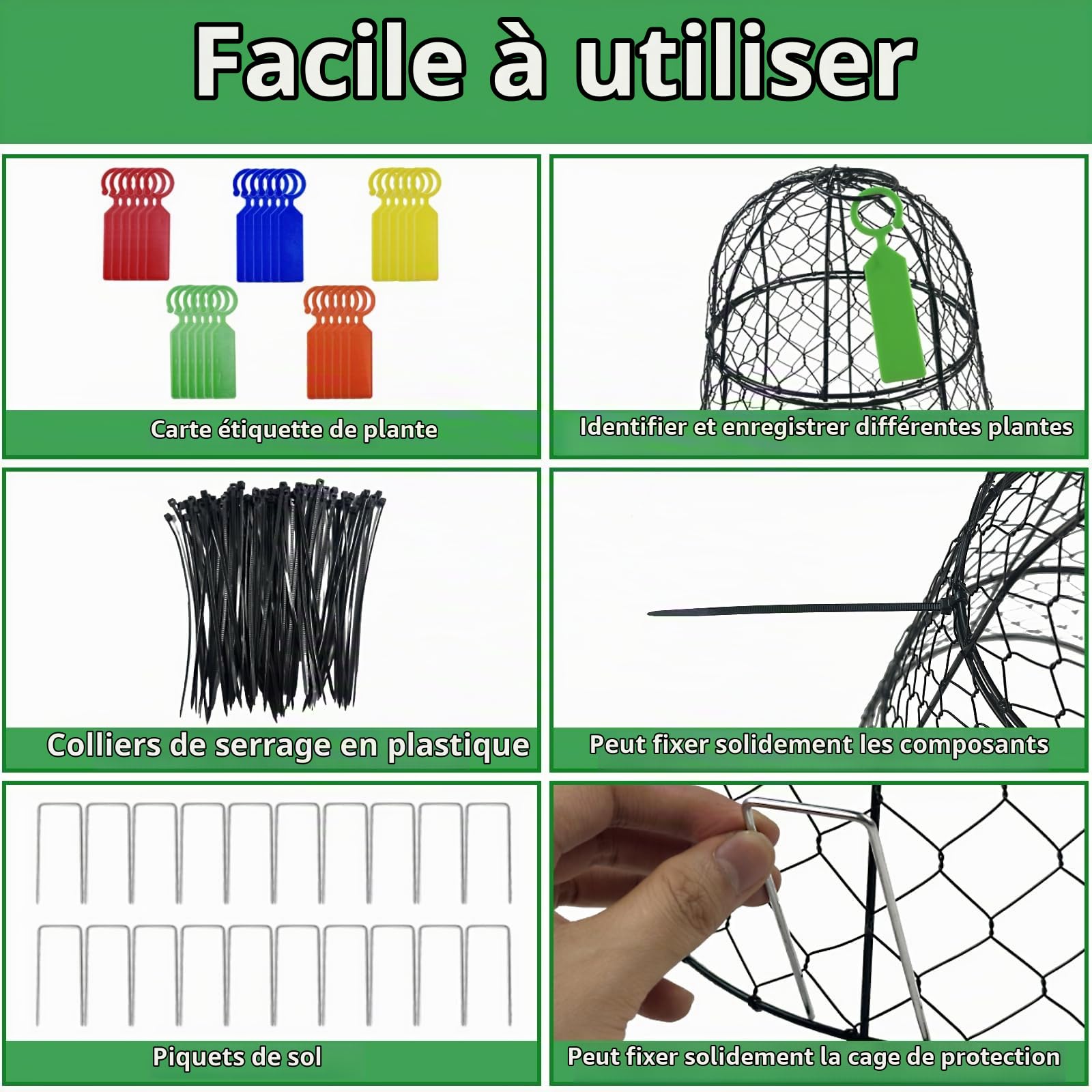 Lot de 6 housses de protection en fil de fer pour plantes, 45 cm x 29 cm, antirouille et robuste, avec piquets et étiquettes, cloches de jardin modulaires pour semis, fleurs, légumes, protéger des