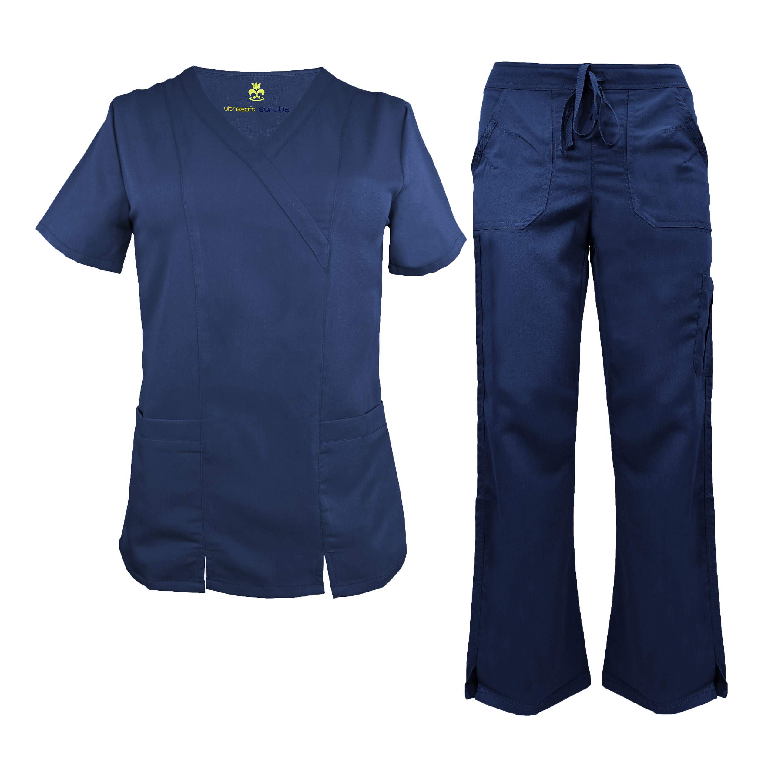 Soft Premium Professional Work-Wear 2 Pocket Cross Over Tunic Top and Pant Set (True Navy Blue, X-Small)