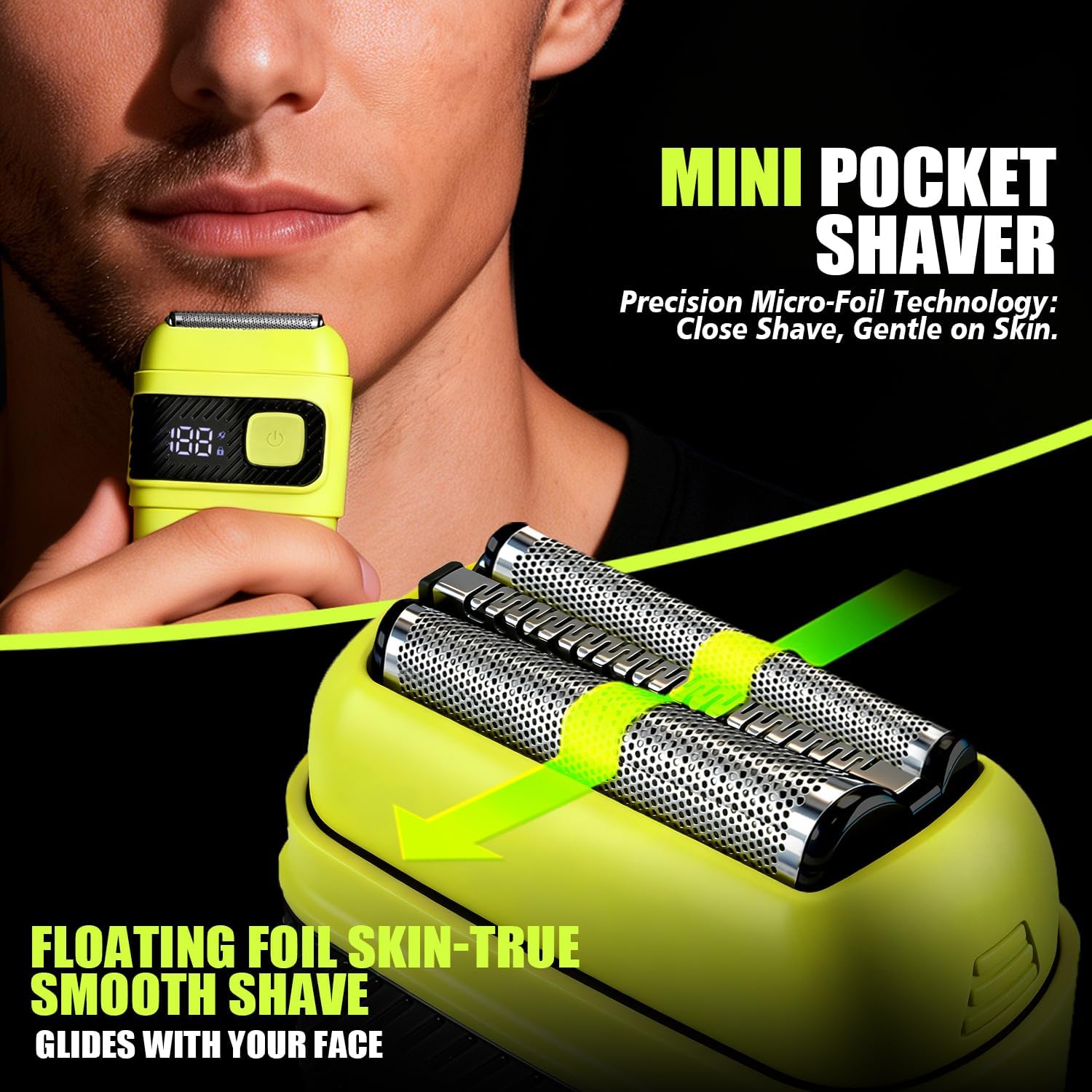 DSP Mini Electric Foil Shaver for Men, Portable Travel Razor with LED Display, Close Shaver Stubble Trimmer, IPX6 Waterproof Cordless Rechargeable Shaver for Face, Travel Lock, Green