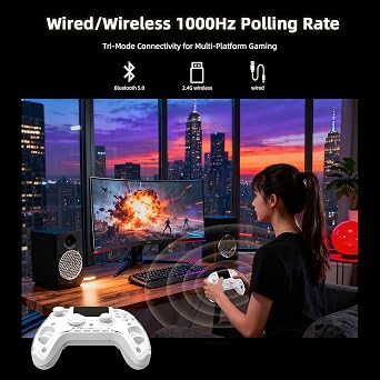 Voacle RG G01 Interactive Screen Wireless Gaming Controller Compatible with PC/Steam/Linux/Android/Switch/IOS 2.4G Wireless Bluetooth Controller Gamepad Hall Effect Triggers(White)