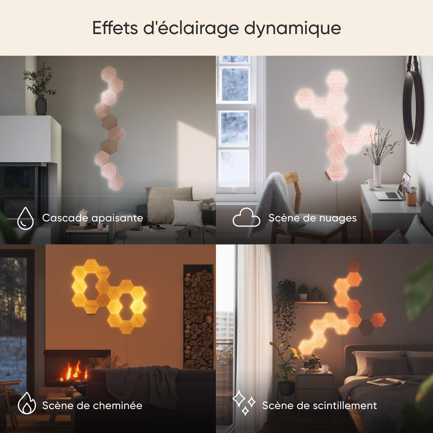 Nanoleaf Elements Kit de Démarrage, 7 Panneaux LED Connectés Effet Bois - Appliques Murales Luminaires Intérieur Hexagonales Modulaires et Variables Wi-Fi, Compatible Alexa, pour Salon Chambre Bureau