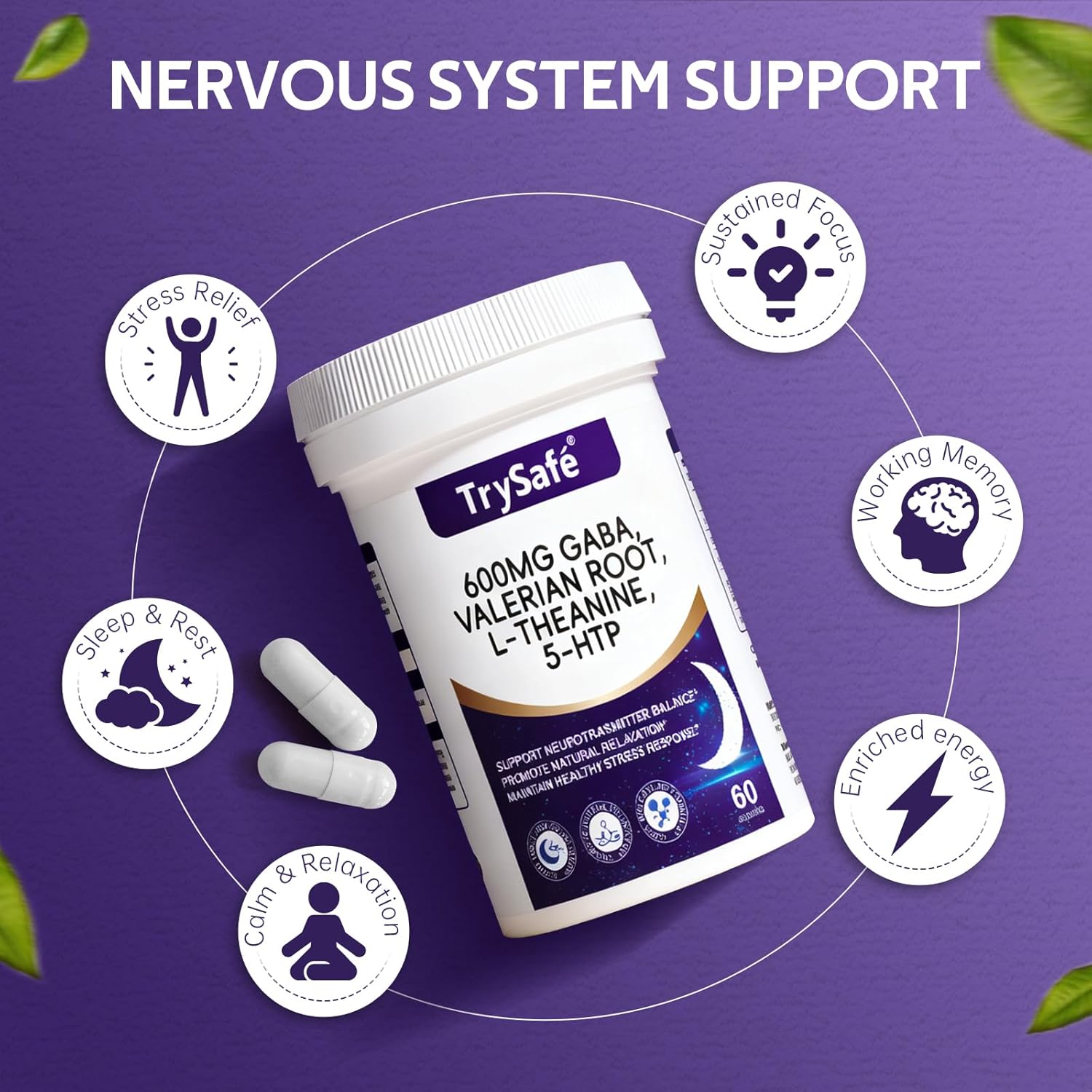 600mg GABA Sleep Aid* for Adults with 200mg Valerian Root, 100mg L-theanine, 60mg 5-HTP | Helps The Body Ease Into Sleep* & Maintain Deep Restful Sleep*, 60 Capsules, 30 Day Supply