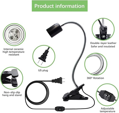 Tank Heat Light,Porcelain Reptile Heat Lamp,Turtle Basking Spot Lamp,Pet Habitat Clamp Clip On Heat Lamp, Aquarium UVA/UVB Light Lamp Holder with 86.6in Cable Dimmable Switch for Lizard Snake(No Bulb)(Black)