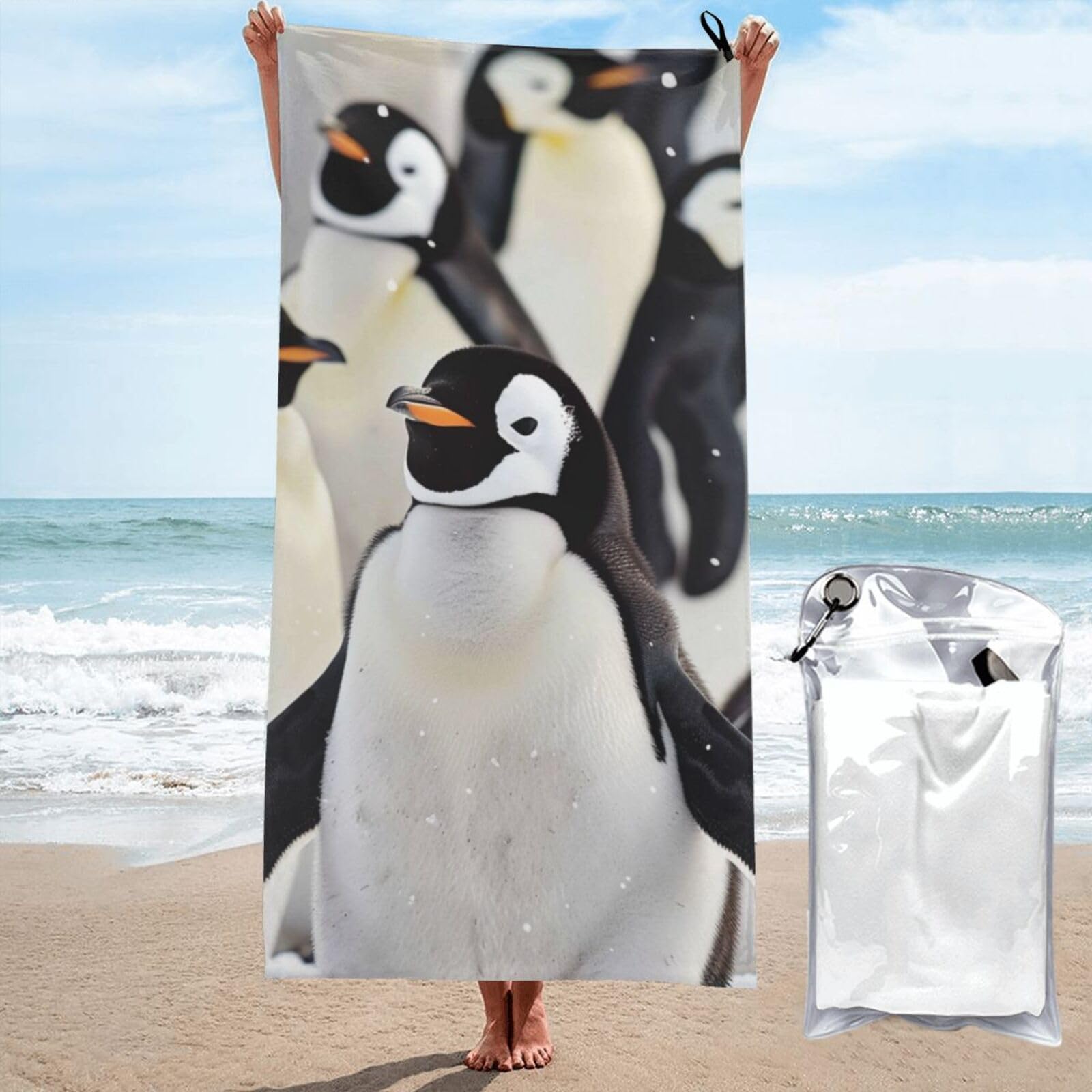 kkvhhyuo Microfiber Beach Towel, Cute Penguin Animal Pattern Printed Lightweight Quick Dry Travel Bath Sheet with Compact Carry Bag for Swimming Yoga Camping Gym,31.5"x63"