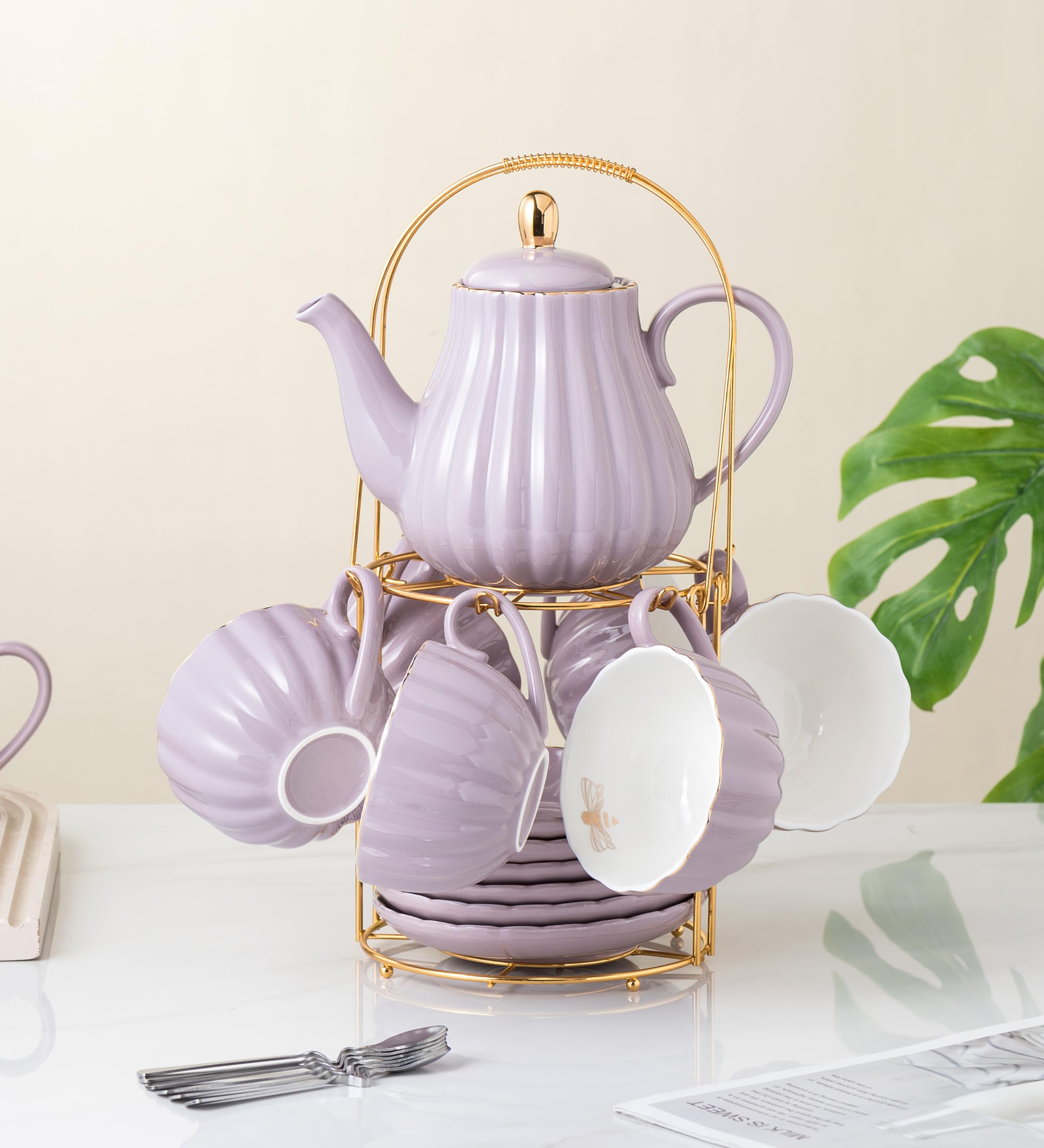 - Zestaw do parzenia kawy/herbaty z porcelany licowej Fine China Purple o pojemności 8 uncji, filiżanki i spodki, z imbrykiem, cukierniczką, dzbankiem do śmietanki, łyżeczkami i sitkiem do herbaty/