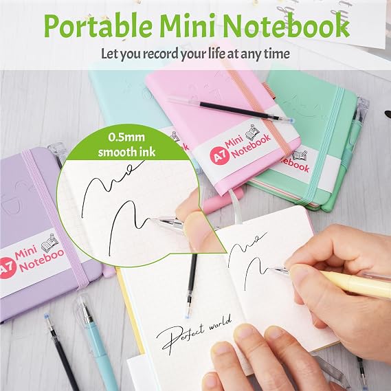 10 Pcs Pocket Notebook, Small Notebooks Pocket Size, A7 Notebook with Pen, Small Notepad with Elastic Band, Mini Leather Notebooks for School,Office,Memos,Journal,Travel