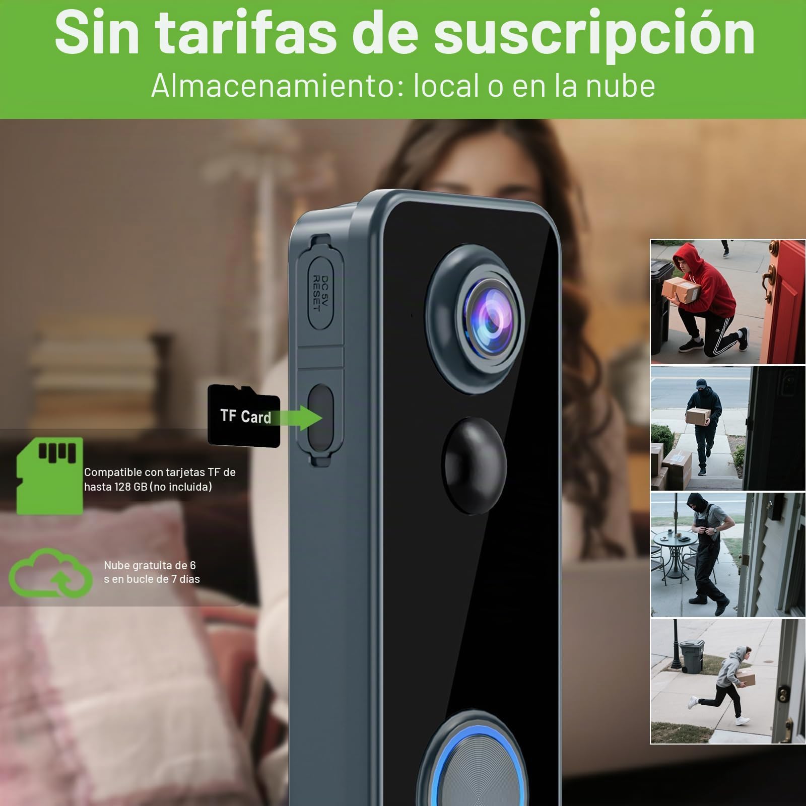 Timbre de video inalámbrico con timbre de cabeza a pies 2K HD Smart WiFi Timbre de puerta con cámara de detección de movimiento funciona con pilas, visión nocturna, tarjeta SD de audio bidireccional y