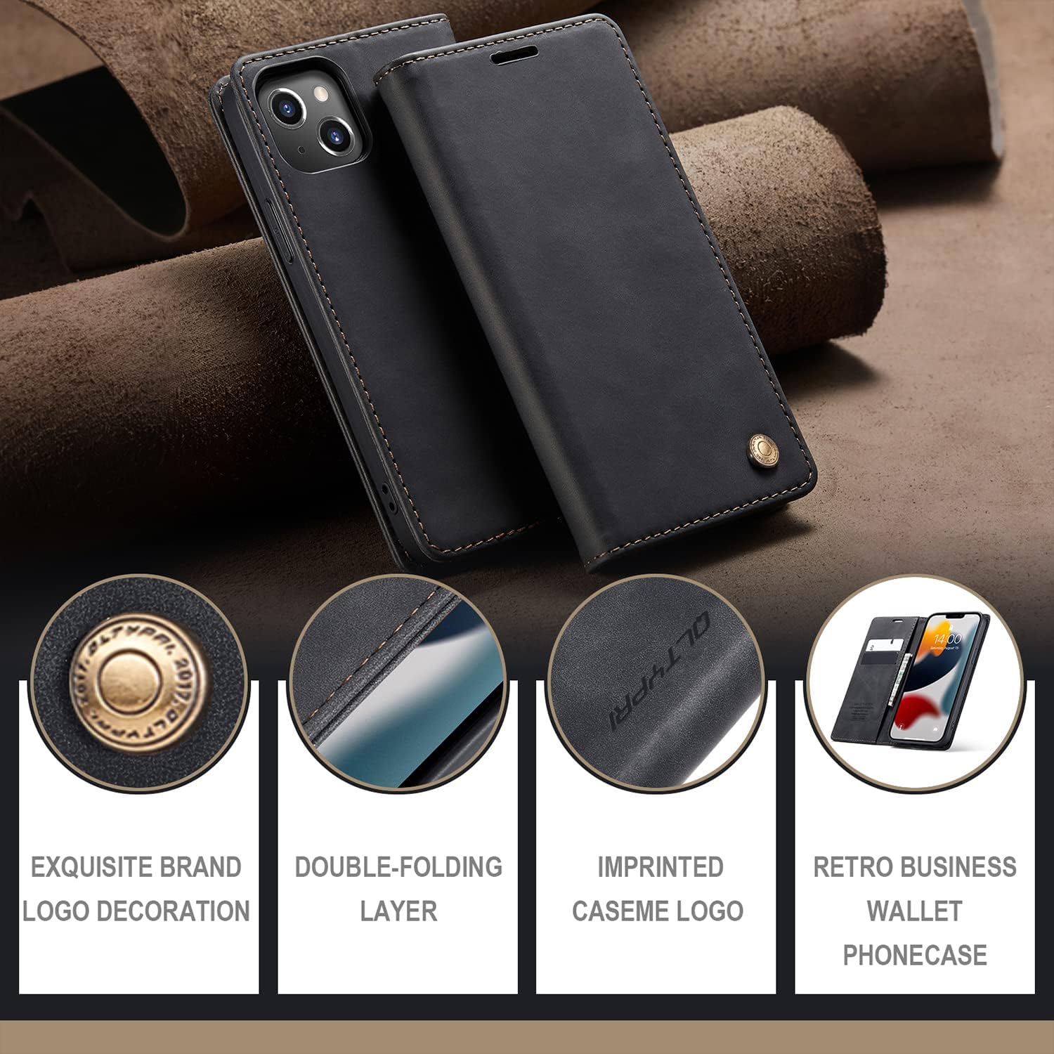 QLTYPRI Case for iPhone 13, Vintage PU Leather Wallet Case Card Slot Kickstand Magnetic Closure Shockproof Flip Folio Book Case Cover for iPhone 13(6.1 inch) - Black - Image 8