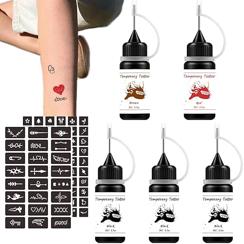 Kit de tatuaje temporal con 84 plantillas de tatuaje, tinta de tatuaje temporal, 5 botellas con 3 colores para pintura artística, mujeres, hombres y