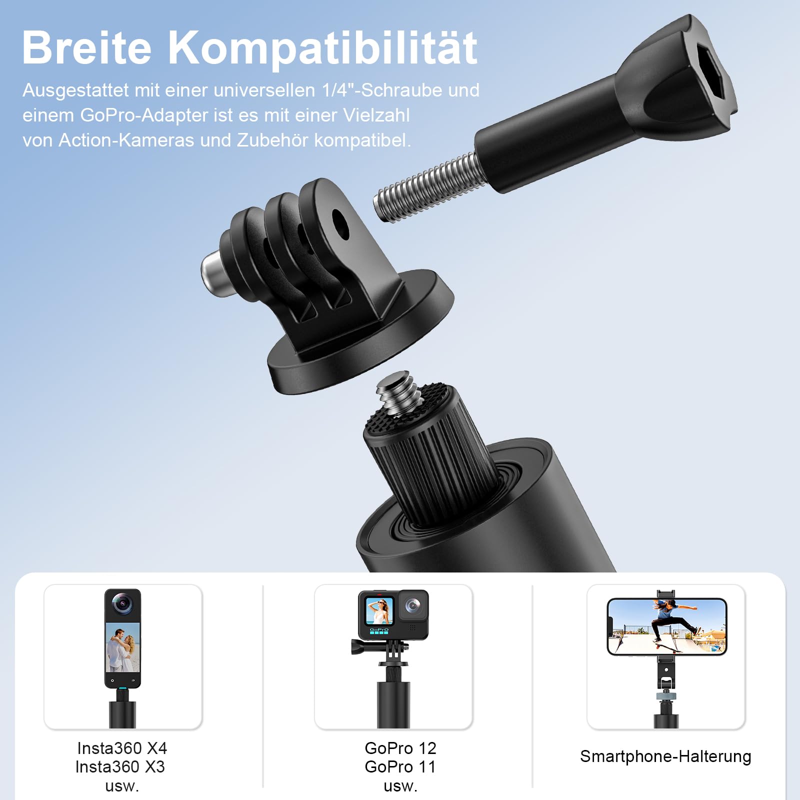 Unsichtbarer Selfiestick Stativ 165cm, 2-in-1 Teleskop-Monopod für Insta360 X5/X4/ONE X2, 1/4" Zoll Handheld Pole Stick mit GoPro-Adapter für GoPro, DJI Osmo Pocket 3, Action 5 Pro/4