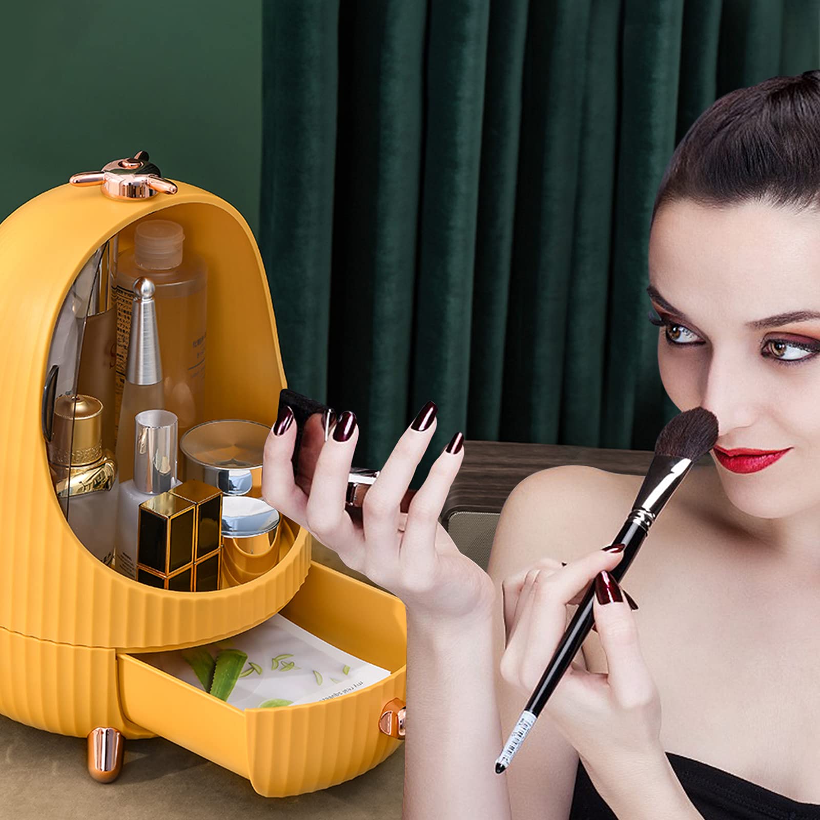 Galatée Organizer per Cosmetici Con luce LED,Organizzatore di Trucco Grande Capacità,Organizer Trucchi Multifunzione Girevole,Gioielli e Accessori ideale per bagno e camera da letto - M -giallo