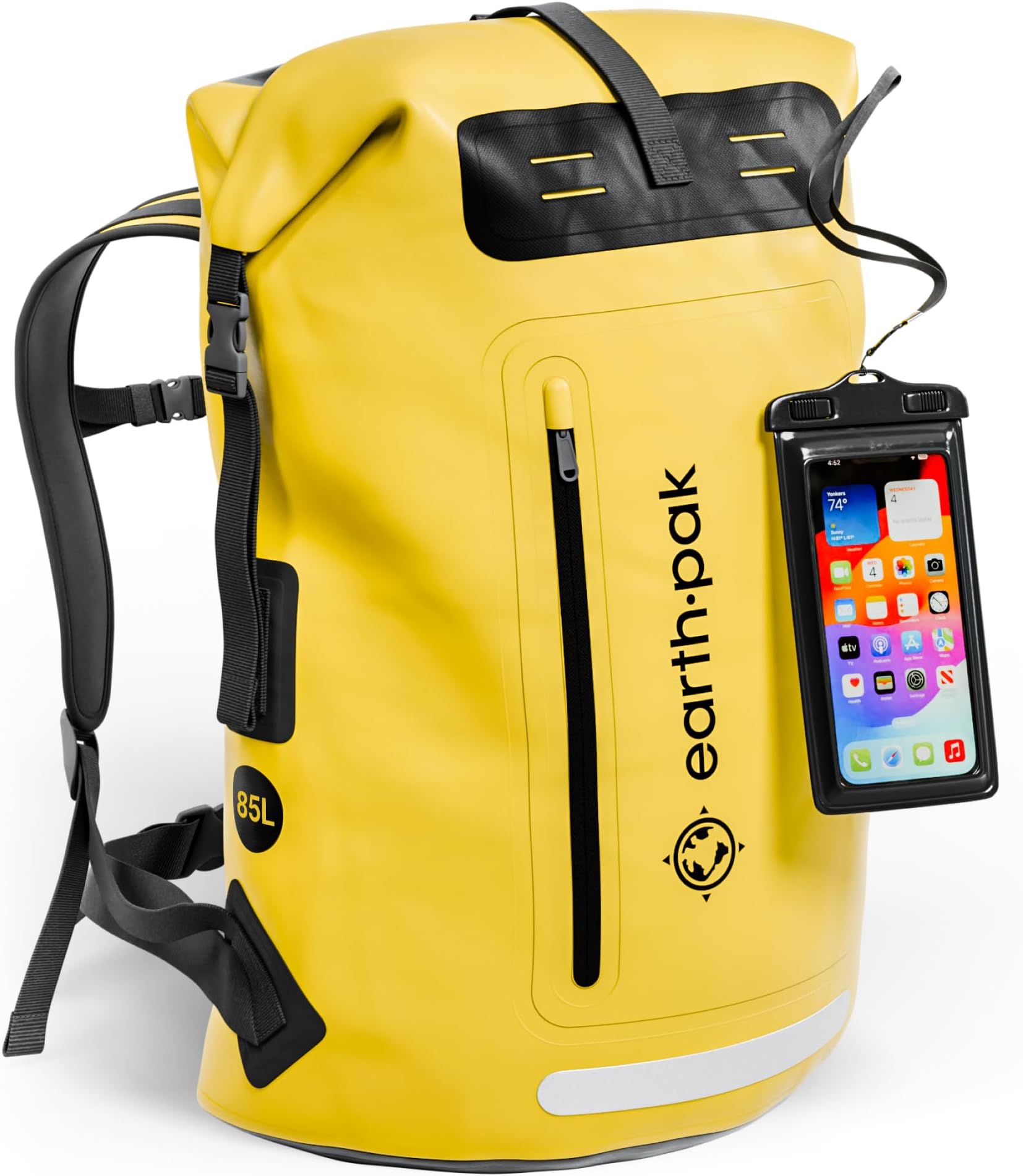 Earth Pak Waterproof Backpack with Roll-Top Closure, Front Pocket, Cushioned Back Panel & Phone Case (Yellow, 85L)