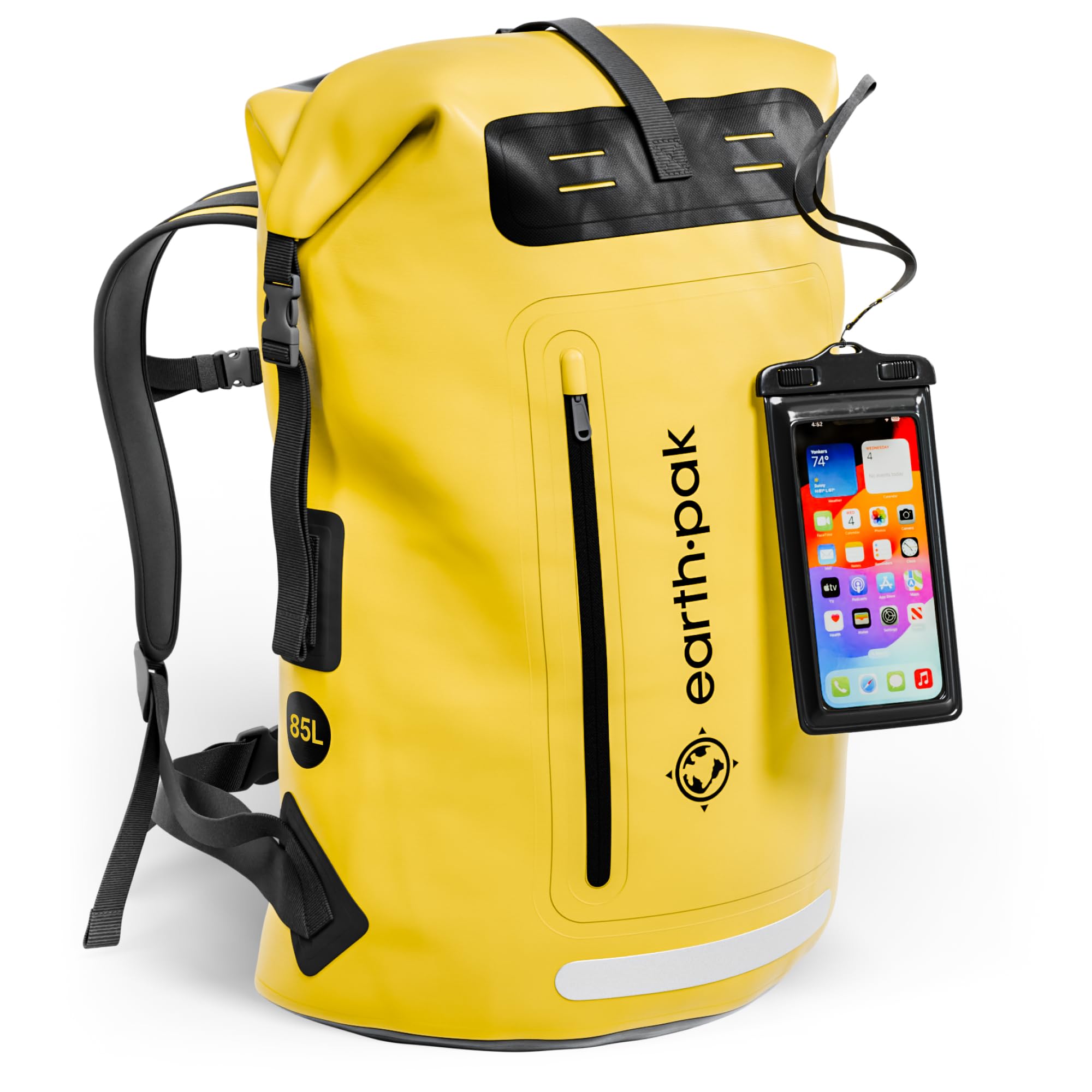 Earth Pak Waterproof Backpack with Roll-Top Closure, Front Pocket, Cushioned Back Panel & Phone Case (Yellow, 85L)