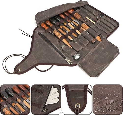 Miniatura 4 de TOURBON Bolsa enrollable para herramientas de lona encerada bolsa de transporte con cincel para tallar madera de 25 bolsillos bolsa de herramientas