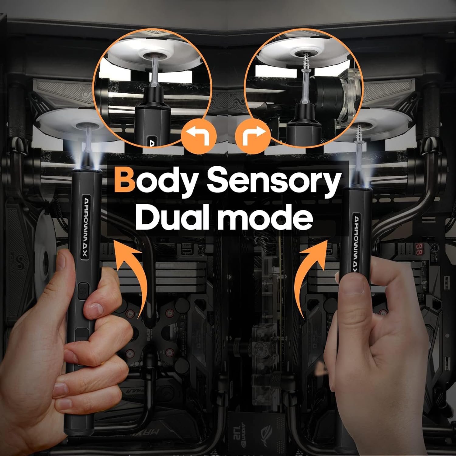Hands demonstrating the body sensory dual-mode of the AM ARROWMAX SES PRO screwdriver, showing how tilting controls forward and reverse rotation.