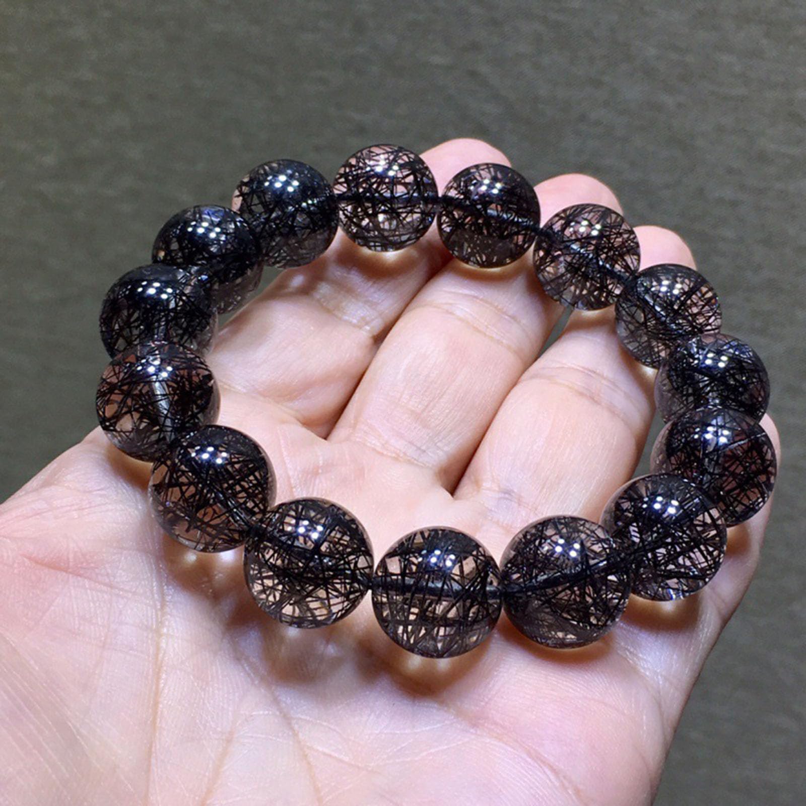 14mm, Natürliches schwarzes Rutilkristall-Armband, runde Edelsteinperlen-Armbänder, Naturstein-Stretch-Meditationsschmuck, Geschenk für Männer und Frauen