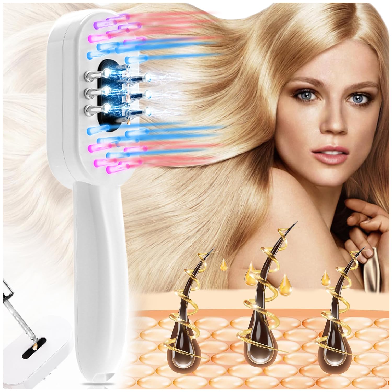 Scalp Massage Brush, 3 Modes Hair Oil Applicator with Blue Red Light, EMS Microcurrent and 655nm Light Waves for Scalp Care