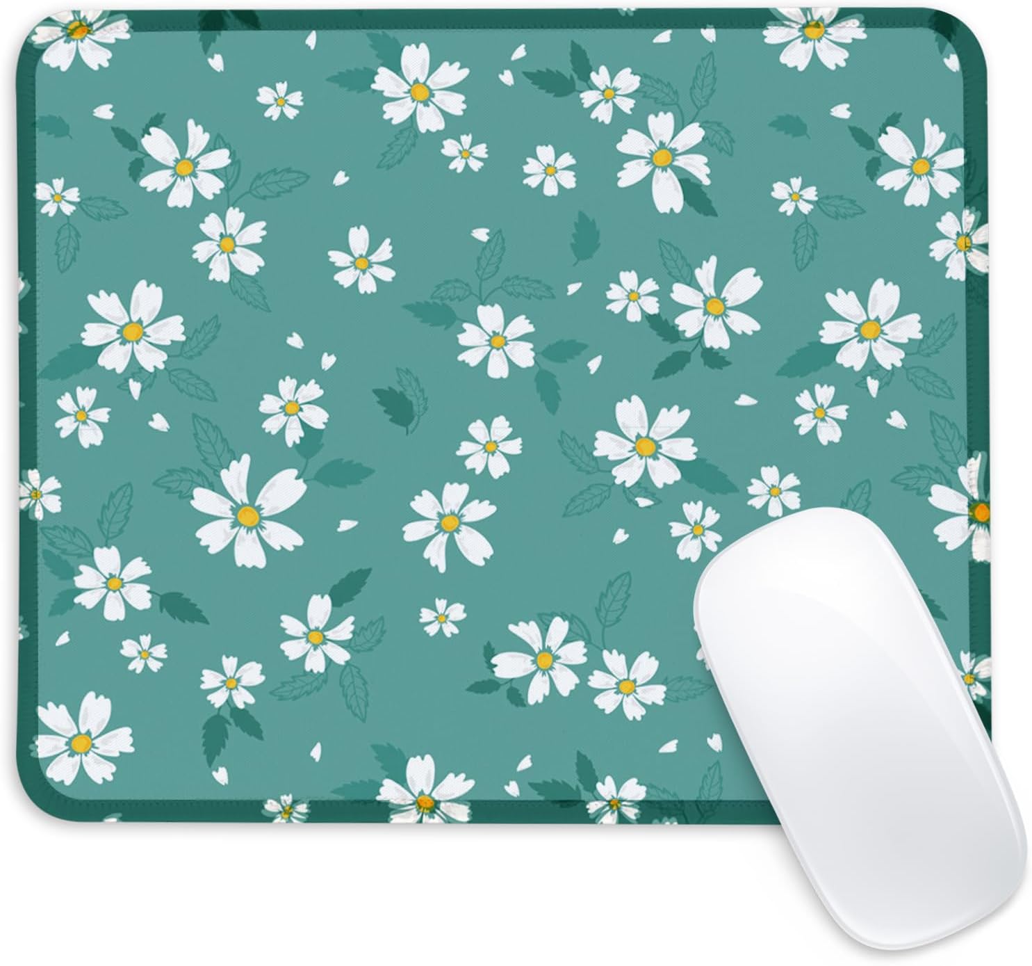 Green and White Flower Square Mouse Pad with Non-Slip Rubber Base,Home Office Decoration Desktop Accessory, Laptop Mouse Pad for Office Laptops,9.4x7.8x0.12in 12