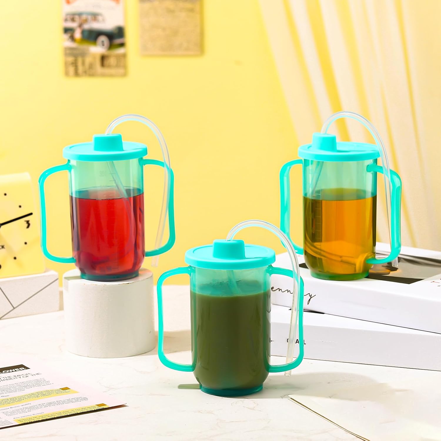 Sliner Adult Sippy Cups for Elderly 12 oz Straw Sippy Cups with 2 Handles No Spill for Adults Spill Proof Dysphagia Cup for Disabled Patients (Blue) - Image 4