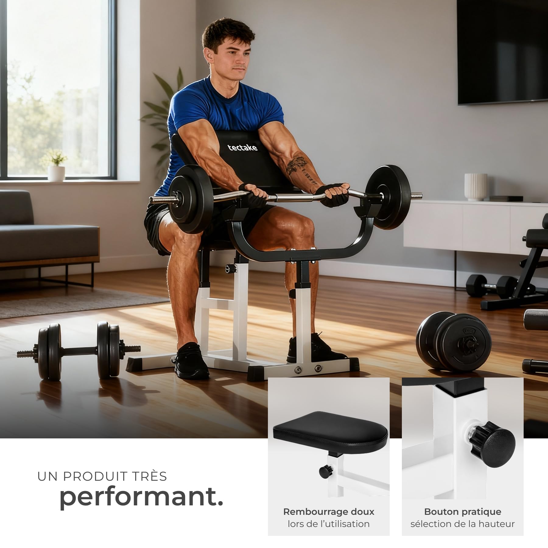 tectake® Banc de musculation Curl pour Biceps, Banc musculation, 100 x 65 x 96 cm, Accoudoir réglable sur 4 niveaux, Assise réglable sur 5 niveaux, Idéal Haltères, Sport Maison, Salle de sport