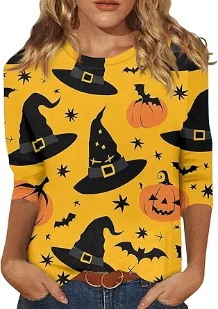 Halloween Shirts for Women 3/4 Sleeve Plus Size Crewneck Loose Fit Cute T Shirt Halloween Costumes for Women 2025