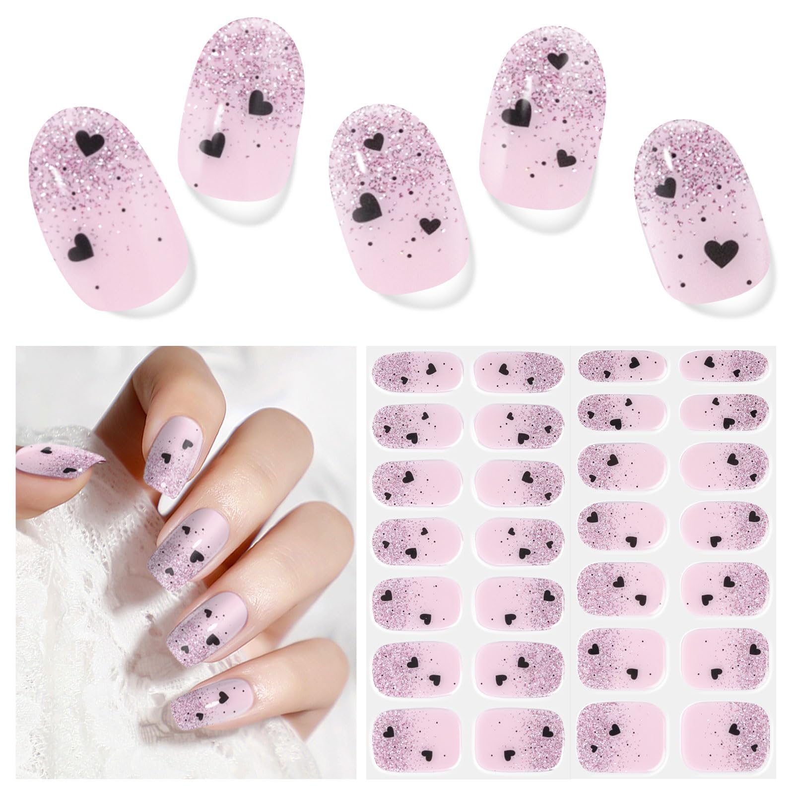 Nagelfolie UV Härtend - 28 Stück Nagelaufkleber Nagelfolien Selbstklebend,UV Gel Strips für UV Lamp,Lang Anhaltende Gel-Nagelaufkleber Herz Art Stickers