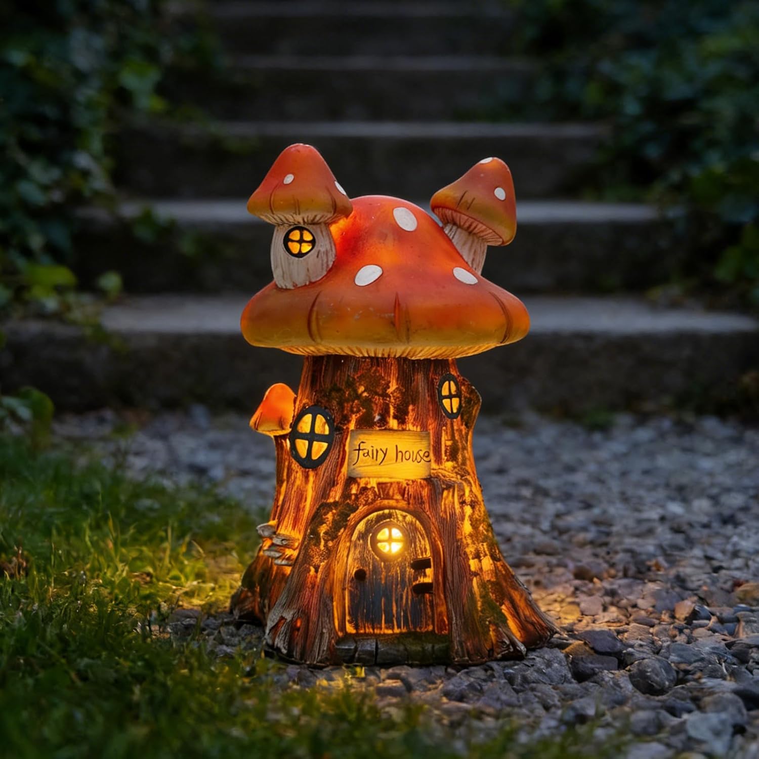 COWOS Mushroom House Sculptures, Collection of Resin Garden Sculptures, Resin Fairy House Statue, Solar Fairy Garden Figurine with Warm White Light Mushroom for Outdoor, Lawn, Yard Decoration